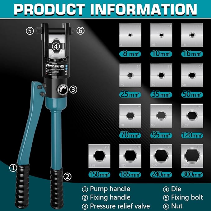 Hydraulic Crimping Tool, 16 Tons Wire Crimping Tool Kit with Cable Cutter | With 13 Pairs of Dies, 12 AWG to 600 MCM, Wire Rope Crimping Tool for Battery Cable Ends Ring Terminals, Blue