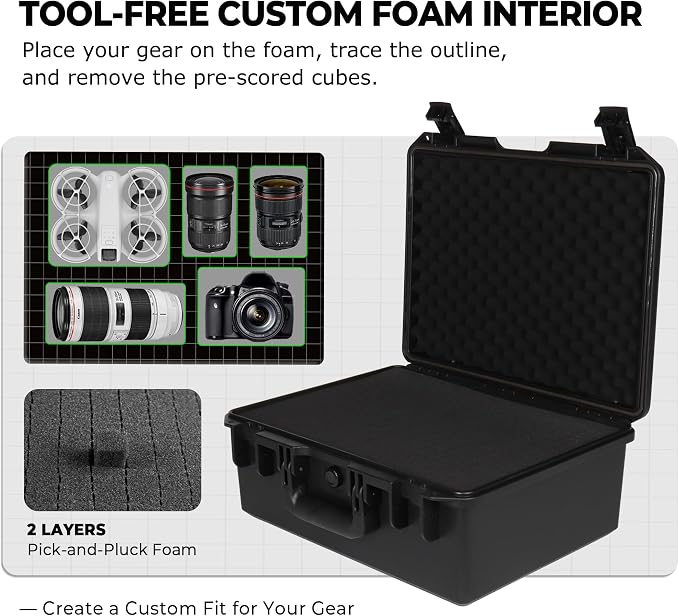 IP67 Waterproof Camera Hard Case with Custom Foam, 16", Black | Built for Photographers, Drone Pilots and Creators; Fits Cameras, Lenses, Drones, Audio Gear and Electronics for Field Use