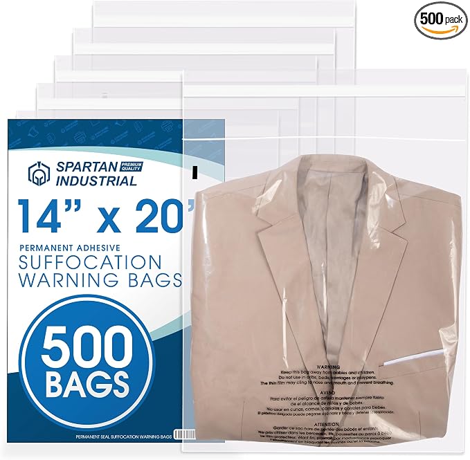 Spartan Industrial - 14" X 20" (500 Count) Self Seal Clear Poly Bags with Suffocation Warning for Packaging, Clothes - Permanent Adhesive
