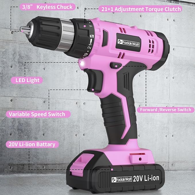 FADAKWALT Cordless Drill Set, 20V Electric Power Drill With Battery And Charger, 30N Torque, 21+1 Settings, 3/8-Inch Keyless Chuck, Driver Bits Kit, LED Light (Pink）