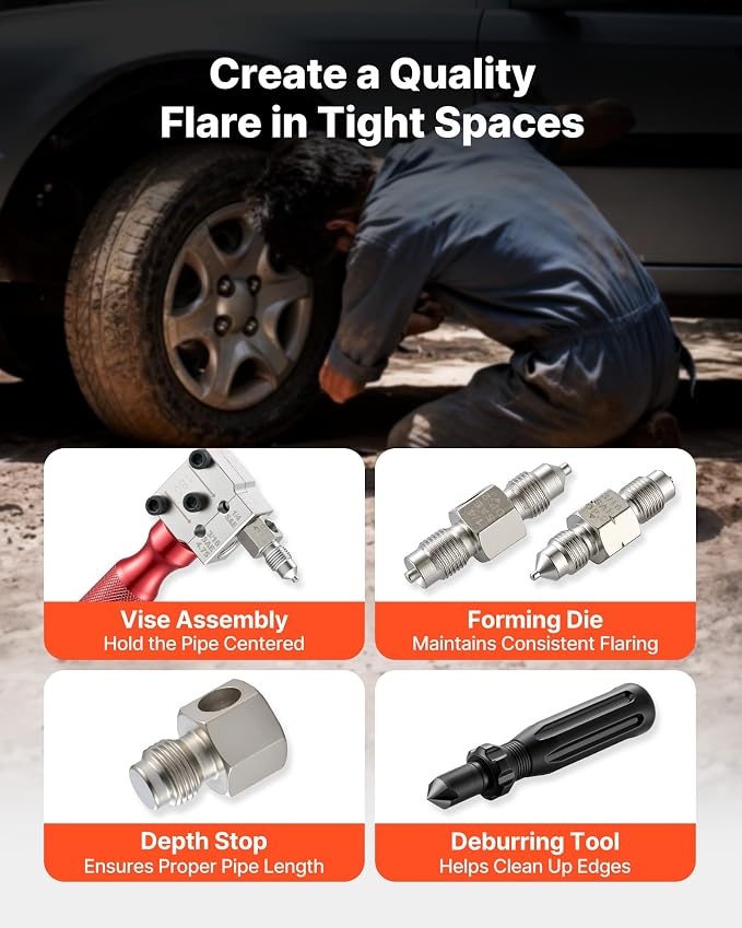 VEVOR Brake Line Flaring Tool Kit, 45° Single & Double Flare Tool for 3/16", 1/4" Copper Tubing - with 2 Forming Dies, Deburring Tool & Toolbox for Automotive Brake Hydraulic Line Repair