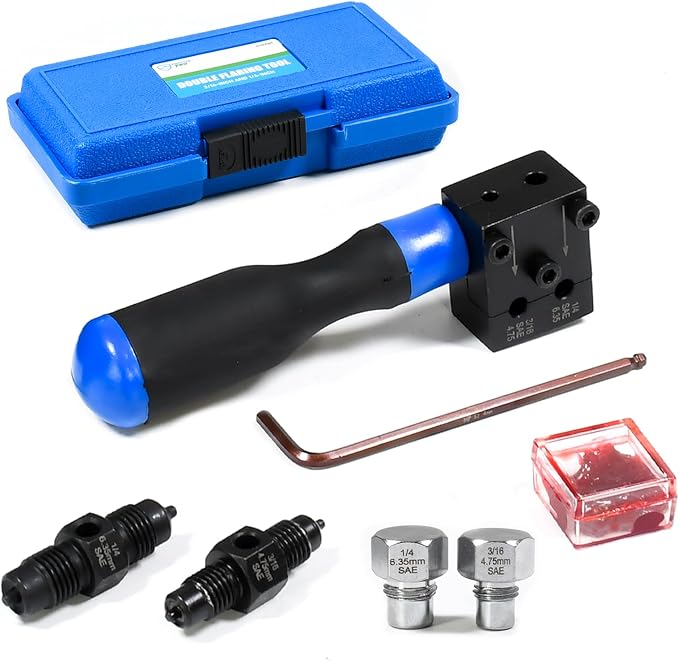SMOTIVEPRO 7-Piece Brake Line Flaring Tool Kit, 3/16" 1/4" SAE Double Flare Tool, Creates 45° Single Double Bubble Flares for Vehicle Brake Hydraulic Line Repair