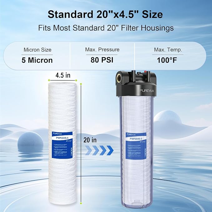 5 Micron 20"x4.5" String Wound Sediment Filter, Whole House Water Filter Cartridge for Well Water, Compatible with WP5BB20P, SWC-45-2005, Fits Standard 20" Big Housings, 2 Pack