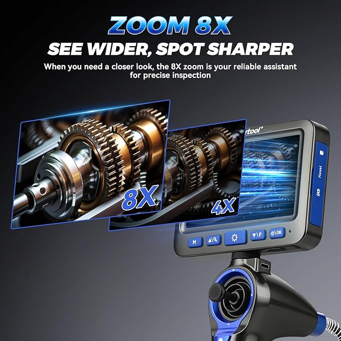 4-Way 360° Articulating Borescope with 6 Light, Endoscope Camera with 6.2mm Probe, 4.0Ft Semi-Rigid Cable, 8X Zoom Inspection Camera for Automotive Engine Pipe HVAC