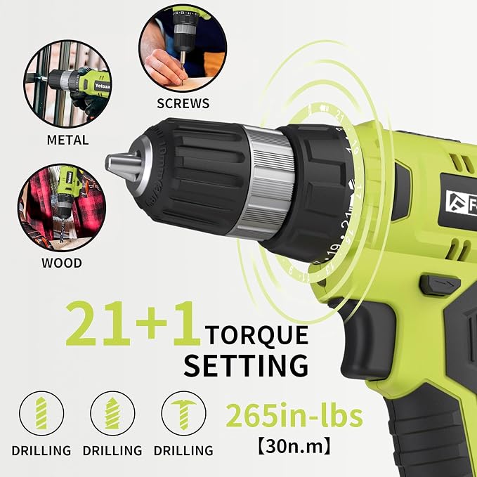 FADAKWALT Cordless Drill Set, 20V Electric Power Drill with Battery And Charger, Torque 30N, 21+1 Torque Setting, 3/8-Inch Keyless Chuck, LED Work Light, Complete Drill & Driver Bits Kit（green)