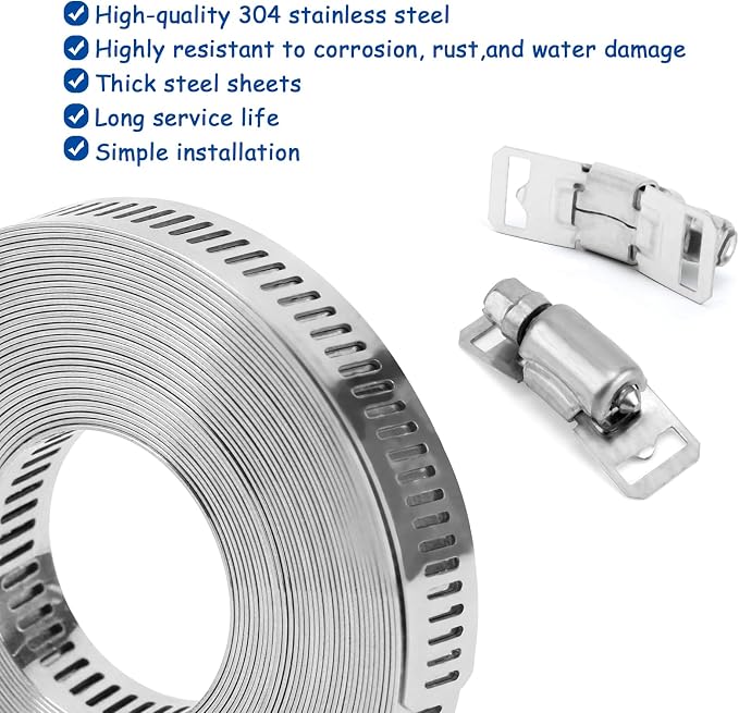 Hose Clamps (40 Fasteners + 20FT Strap) DIY Cut-To-Fit 304 Stainless Steel Band Clamps Adjustable Worm Gear Hose Clamp Kit Silver