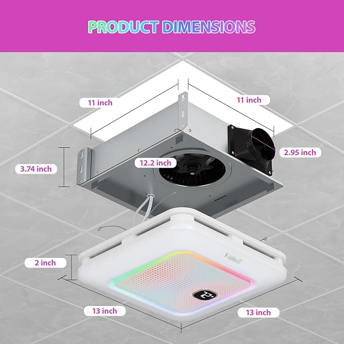 VallisCo Bathroom Exhaust Fan with Bluetooth Speaker, RGB Light & Remote, 230 CFM Quiet Ceiling Fan, 3 Dynamic RGB Lighting, 3000K–6000K Dimmable, Nightlight, Dual Installation