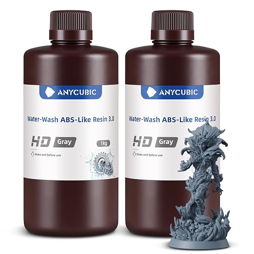 ANYCUBIC Water Washable ABS-Like Resin 3.0 Bundle, 3D Printer Resin, High Toughness and High Precision, Easy to Post-Process, Low Odor, Wide Compatibility for All LCD 3D Printers (HD Grey, 2kg)
