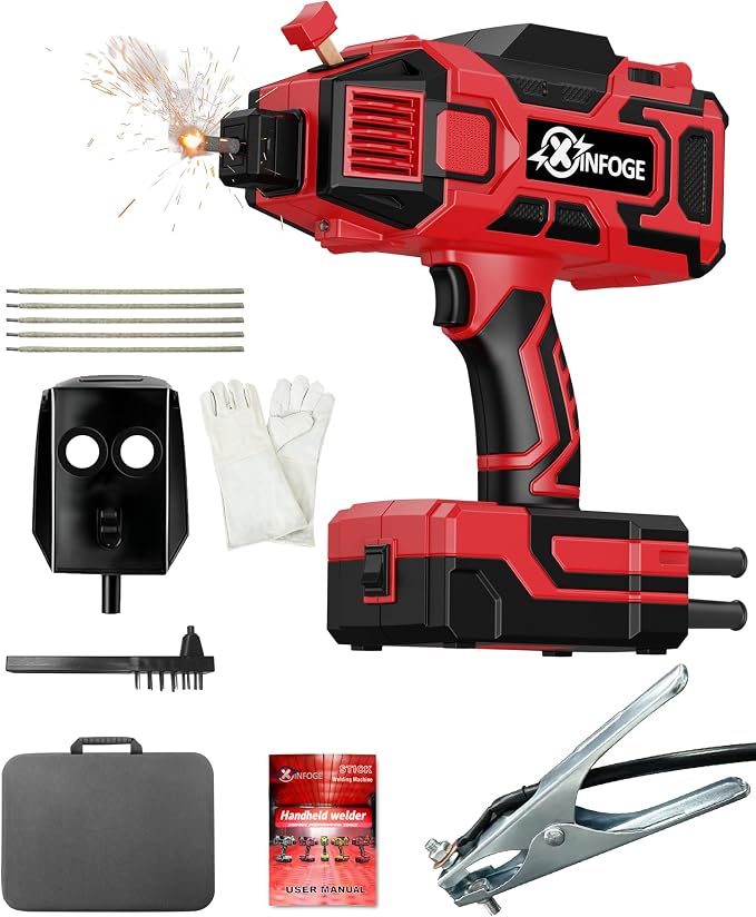 Portable Welding Machine with LCD, 110V Handheld Welder, IGBT Inverter, MMA/HS/ARC Portable Welder Gun, 5 Variable Current Adjustment for 3/32"-1/8" Rods, DIY, Professional Use, Repair (Red Black)