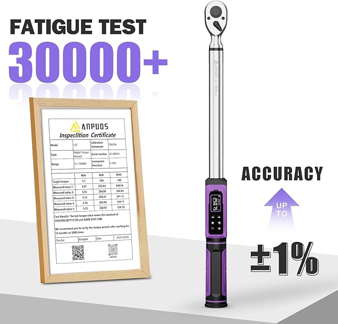ANPUDS 1/2" Digital Torque Wrench, ±1% Accuracy, 3.76-250.75 Ft-lb | 9 Presets, 500 Data Storage, LED/Buzzer/Vibration Alerts, 5 Units, Color Display, Adapter & Extension for Auto Repair
