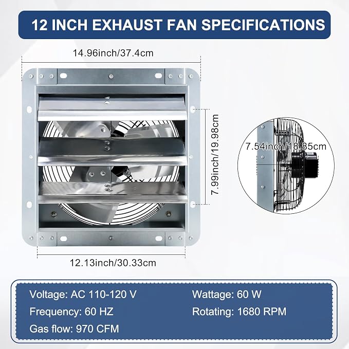 Criditpid 12 Inch Wall Mounted Shutter Exhaust Fan with ON/OFF Switch, High-Speed, Low-Noise Pure Copper Motor, Wall Exhaust Fan for Gable, Shed, Garage, Greenhouse, Kitchen, Attic, 970CFM, 1680RPM.