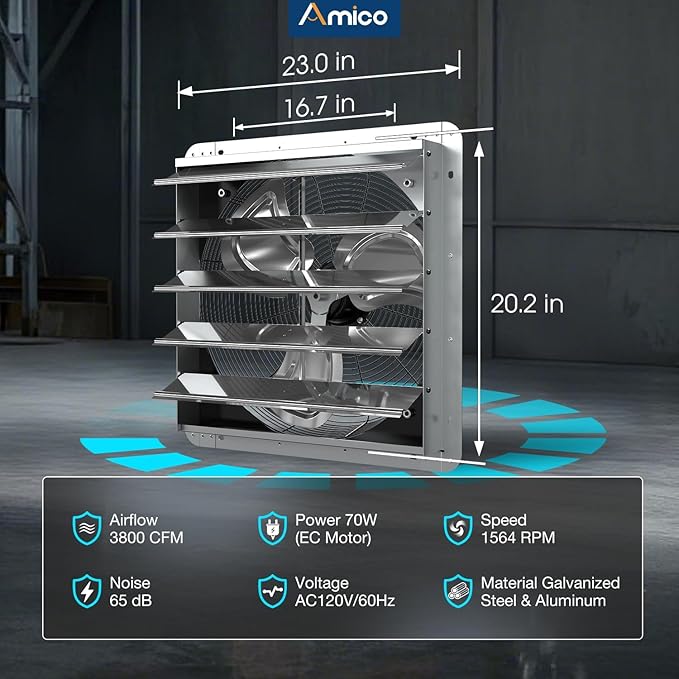 Amico 20" Smart Shutter Exhaust Fan with Thermostat & 8 Speed, 3800 CFM (Up To 5500 Sq.Ft), 70W Commercial EC Motor, Wall Mount Warehouse/Barn/Greenhouse/Workshop Vent Fan, Plug & Play, FCC