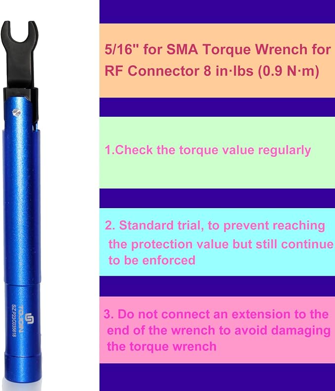 TOJOIN 1 pcs SMA Torque Wrench for RF Connector 8 in·lbs (0.9 N·m) Opening 8mm (5/16") for SMA 3.5mm/2.92mm Adapter Convertor Portable Spanner for Professionals Industry Blue