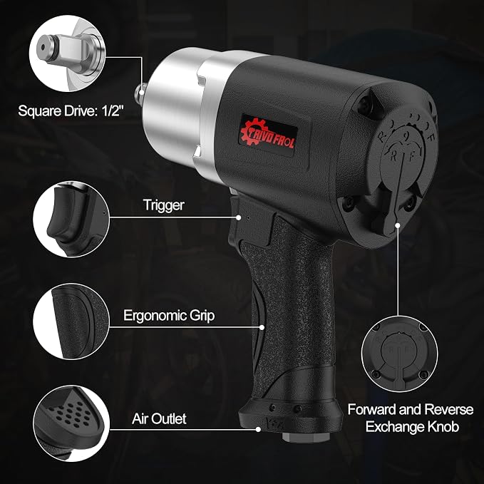 Trivd Frol Air Impact Wrench 1/2" - 1/2 Inch Impact Gun 1/2 Drive, 1500Ft-lbs, 8000RPM High Torque Impact Wrench, Weight 4.74 lb, 1/2 Air Impact Gun for Auto Repair, Tire Shop