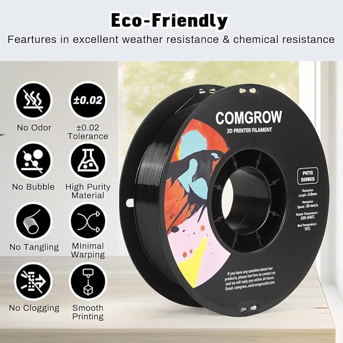 Comgrow PETG 3D Printer Filament 1.75mm, Dimensional Accuracy +/- 0.02 mm, Fit Most 3D Printers Black/White/Reddish-Brown/Light Blue/Yellow/Red