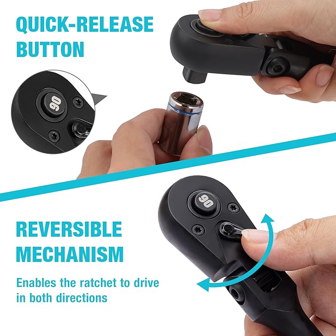 DURATECH 3/8-Inch Drive Flex-Head Ratchet, 90-Tooth Quick-Release Ratchet Wrench with 180° Pivoting Head and 7-Position Setting, Reversible, CR-V Made, CR-MO Head, 4° Swing, Black Mn Phosphate Finish