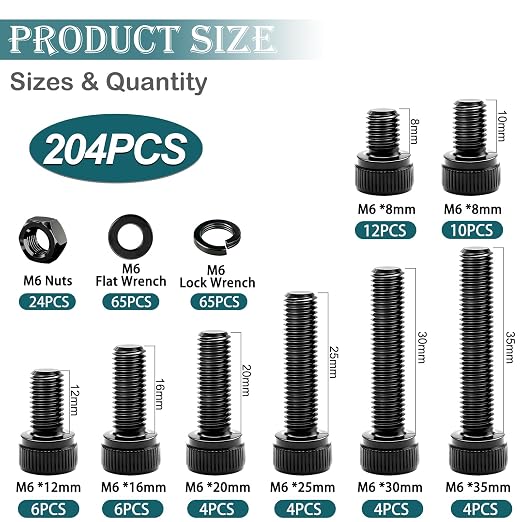 mxuteuk 204PCS M6 Screws,M6x8/10/12/16/20/25/30/35mm Hex Socket Head Cap Bolts with Nuts & Washers,12.9 Grade Alloy Steel Black Zinc Screws Assortment Kit for 3D Printing,DIY