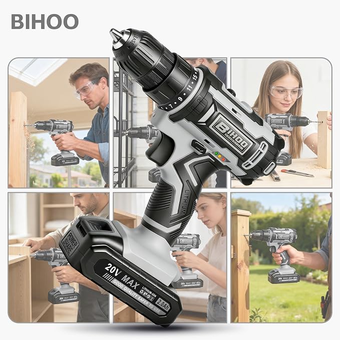 Cordless Drill Set,20V Drill Driver with Battery and Charger,3/8-Inch Keyless Chuck, Variable Speed,with Drills Bits Set,Gray