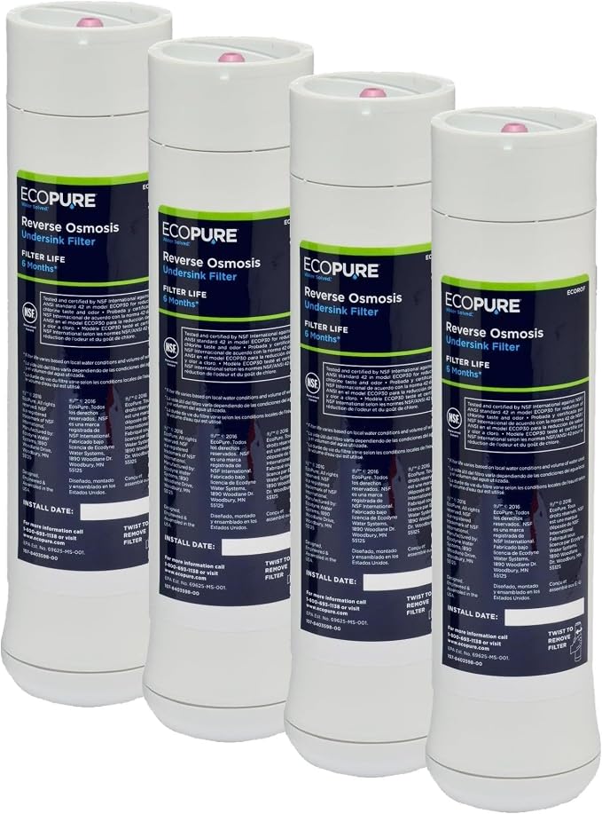 EcoPure Reverse Osmosis Under Sink Replacement Water Filter Set (ECOROF) | NSF Certified | Fits ECOP30 System | 6-Month Filter Life (Pack of 4)