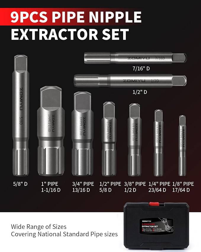 Pipe Extractor Set,Heavy Duty Steel Broken Pipe Extractors for Removing Damaged Threaded Pipes & Fittings from 1/8" to 1", with Durable Storage Case, Ideal Tools for Plumbers Mechanics DIY（9-Piece）