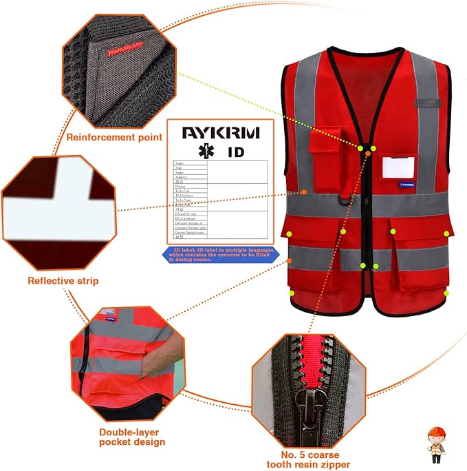 safety vest red | Red L Polyester work vest with 7 pockets, black front zipper and reflective strips for fire safety and emergency response.