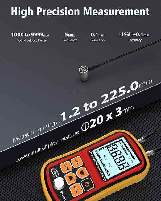 GM100 Digital Ultrasonic Thickness Gauge Meter, Range 0.047 to 8.85in, for Measuring Metal and Nonmetal Aluminum, Zinc, Silver, Gold, Tin, Iron, Steel, Copper, PVC, Glass, Zirconium, Nylon