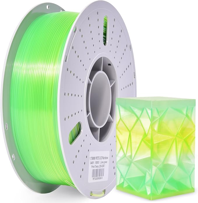 PINBALL PETG Rainbow 3D Printer Filament 1.75mm, Multicolor Transparent PETG Filament, Accuracy +/- 0.02 mm, 1kg Spool (2.2lbs), Lime Color