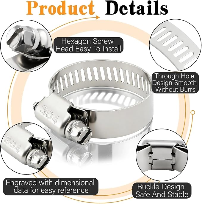304 Stainless Steel Hose clamps Kit, Metal Strap and Strong Fasteners Set | 196PCS 1/4 to 2 inch Worm Gear Clamp Assortment 8 Sizes and 10FT Band Strap for Automotive, Plumbing, Fuel Pipe and DIYers
