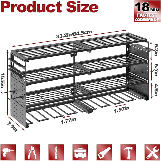 4 Tier Power Tool Organizer Wall Mount, 8 Cordless Tool Rack, 320LBS Heavy Duty Power Tool Storage Rack, Holds 50+ Tools with Side Pegboards for Garage Workshop Warehouse Organization