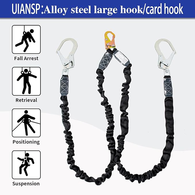 6ft Safety Harness Lanyard Double Leg Internal Shock Absorbing Safety Fall Protection Lanyard with Rope Harness Safety Lanyard Dual Rebar & Snap Hook Roofer Fall Protection Equipment（Alloy Steel）