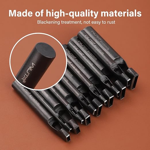 WUTA 6 Pcs Rectangle Leather Hole Punch Set, High Carbon Steel Punch Tool, Hollow Punch Cutter Kits for Belt & Leather Crafting（2 * 4mm + 2 * 6mm + 2 * 8mm + 3 * 10mm + 4 * 12mm + 4 * 14mm）