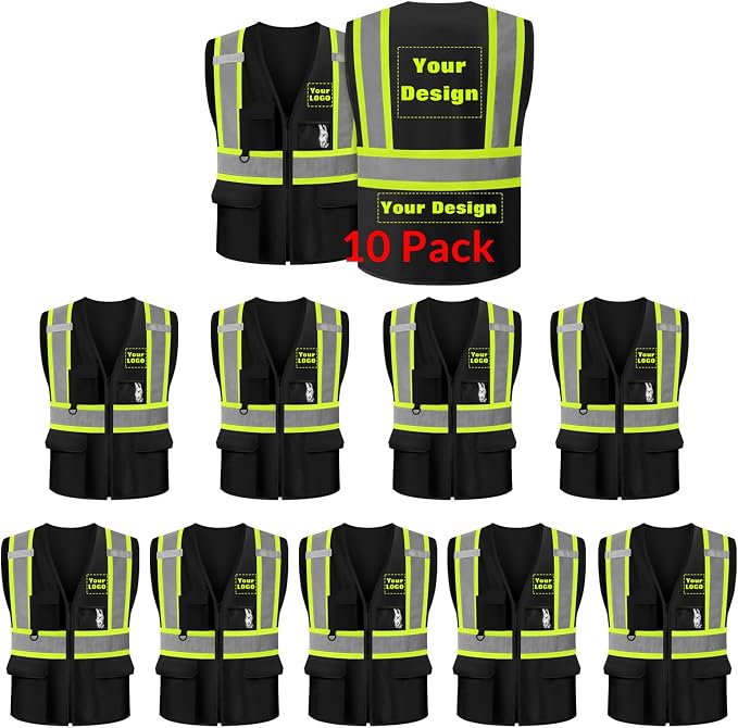 Safety Vest Customize Logo with 5 Pockets & Zipper Reflective High Visibility Vest Class 2 Outdoor Workwear