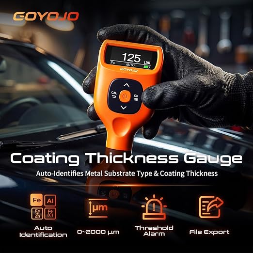 GOYOJO Paint Thickness Gauge for Cars, 0-2000μm (0-79 mils) Coating Thickness Meter, Auto Fe/Al/Zn/Fe(C) Detection, 0.1μm Resolution, ±(2%+1μm) Accuracy for Paint Inspection