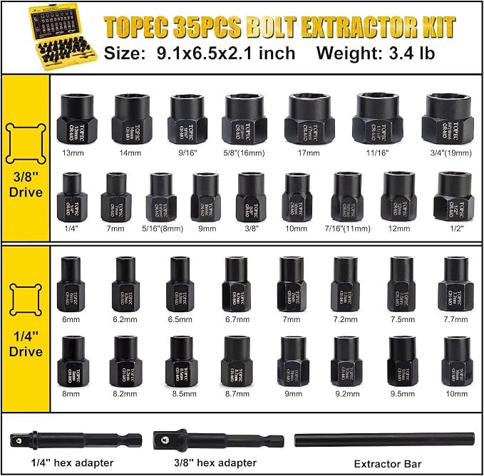 Topec Bolt Extractor Kit, 35-Piece Broken Bolt Extractor Set, Impact Bolt & Nut Remover Socket Set, Removal Tool for Removing Damaged, Frozen, Rusted, Rounded-Off Bolts, Nuts & Screws