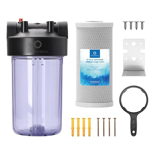 Airthereal Whole House Water Filter Clear Housing, 10" x 4.5" Sediment Carbon Cartridge Universal Housing, Pre-Filtration System for Well and City Water, 3/4" NPT Port, Includes 1-Pack CTO Filter