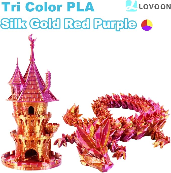 LOVOON 3D Printer Filament Tricolors, Color Change by Angle PLA Filament 1.75mm, Silk PLA Filament, Gold Red Purple Three Colors, Most 3D Printer and 3D Pen Compatible, 1KG(2.2lbs)/Spool