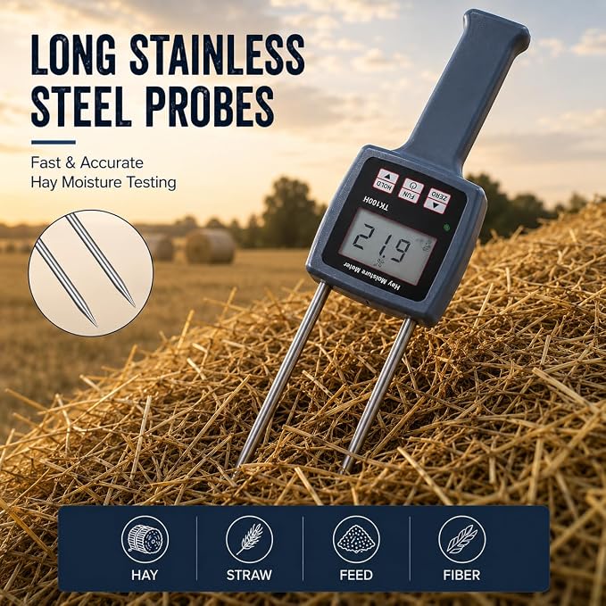 Pokiphip TK100H Portable Hay Moisture Meter - Precise Hay Moisture Tester with Probe for Monitoring and Ensuring Optimal Hay Quality, Preventing Mold and Spoilage