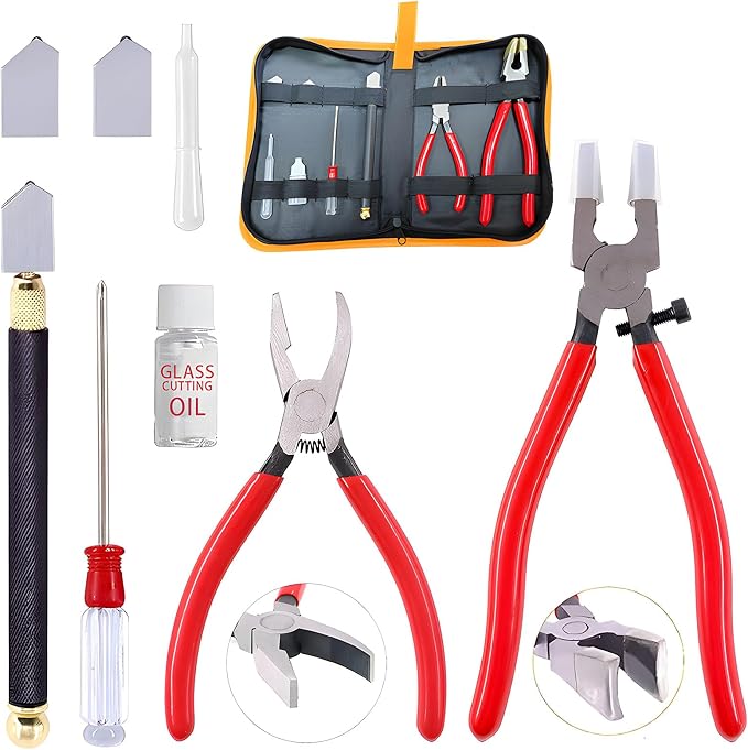 Glass Cutting Tool Set Kit, Glass Nipper,Glass Running Plier, Breaking Plier, Oil Feed Glass Cutter Set with Leather Zipper Bag for Stained Glass, Tiles, Mosaic, Mirrors,Bottle, Fusing, Breaking