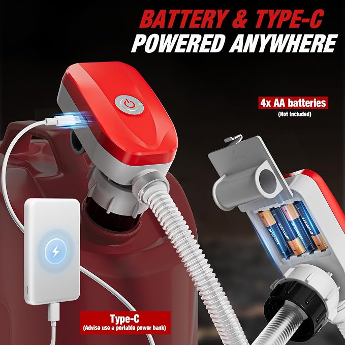 Automatic Electric Fuel Transfer Pump with Auto-Stop, 3.6 GPM, 54" Long Hose Gas Pump Battery Powered w 4 Size Can Adapters and Leak Protection for Gasoline, Diesel, Kerosene, Gifts for Men Dad