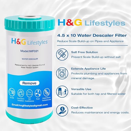 H&G Lifestyles 10" x 4.5 Water Descaler, Anti Scale Phosphate Filter | Saltless Water Softener,Replacement Cartridge, Compatible with 84637, WPX5BB97P, PC10, 355214-45, 355215-45, WP10BB97P