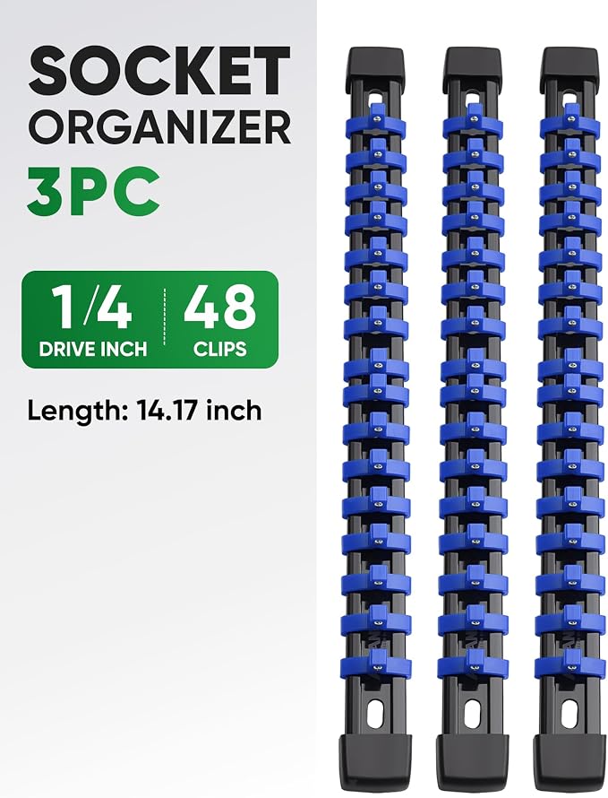 ALOANES 3PC ABS Socket Organizer, Socket Rails Fit 1/4 inch Drive | Portable Heavy Duty Socket Holders Hold up 48 Sockets for Toolbox Drawer Bags(Blue)