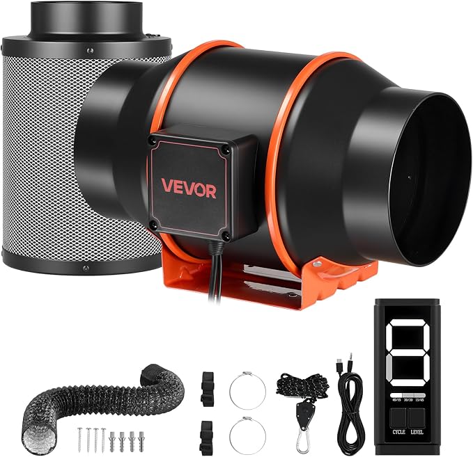 VEVOR Inline Duct Fan Kit with Carbon Filter, 402 CFM 6 inch EC Motor Ventilation Fan with 3-Speed Circulation, 10-Speed PWM Controller, Timer, Cooling for Grow Tents, Indoor Gardening, Hydroponics