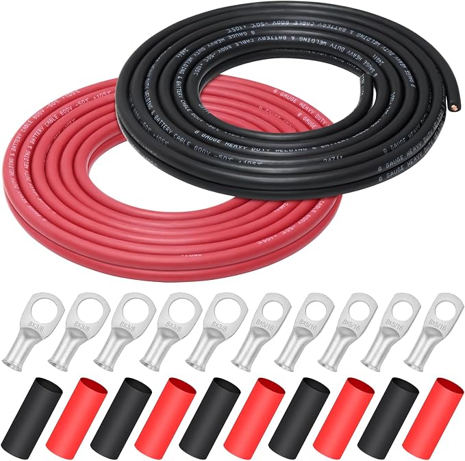 iGreely 8 Gauge 8 AWG Wire 20 Ft Black + 20 Ft Red Ultra Flexible Welding Battery Pure Copper Cable for Car Solar, 5pcs 5/16""& 5pcs 3/8"" Copper Cable Lug Terminal Connectors with Heat Shrink Tubing