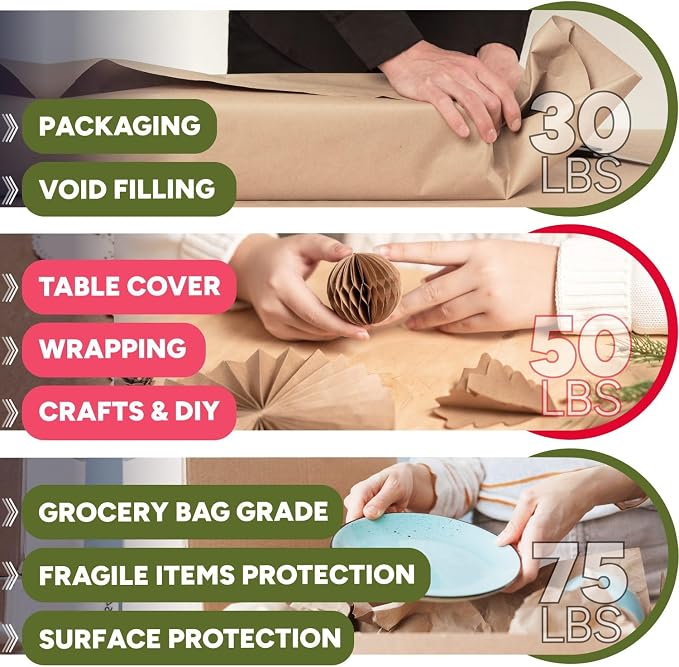 24" x 8640" (720 feet) Natural Brown Kraft Paper Roll, 50 Lb Heavy-Duty – Made in USA Large Roll of Brown Wrapping Paper, 3-inch Core – for Packaging, Void Filling, Shipping, School, Crafts | 50 Lb Heavy-Duty Made in USA Large Roll of Brown Wrapping Pa...