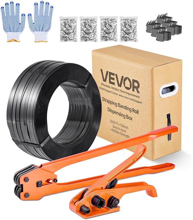 VEVOR Banding Strapping Kit, Heavy Duty Banding Sealer Tool with 2000 ft PET Band, 600 Metal Seals, 200 Corner Protectors, Plastic Pallet Packaging Strapping Kit for Warehouse, Transportation, Home