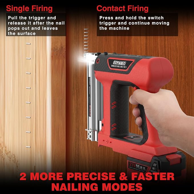 21V Cordless Nail Gun - 18 Gauge 2 in 1 Battery Powered Electric Brad Nailer with 2 x 4.0Ah Batteries & Charger & 1000 Nails & 1000 Staples for DIY & Home Improvement & Wood Working (Red)