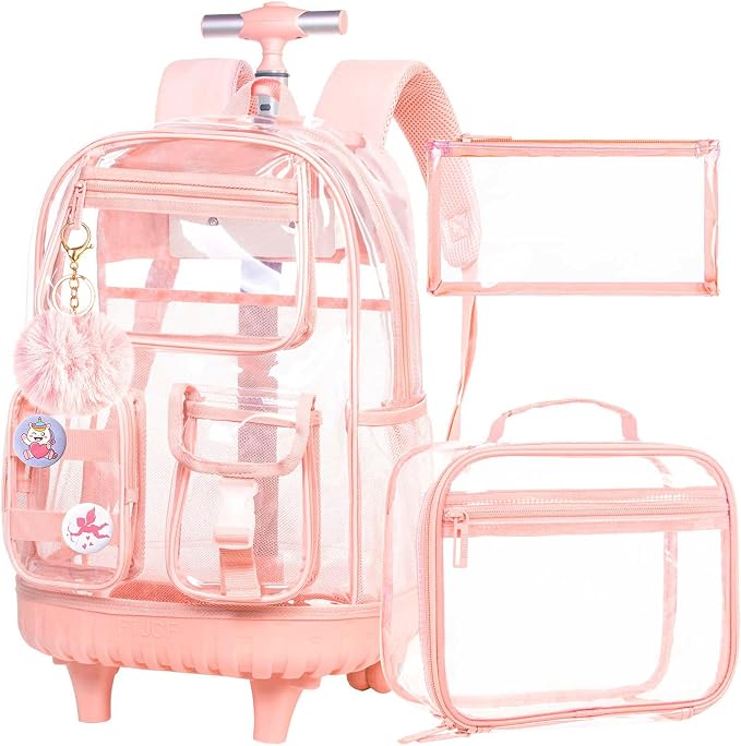 CCJPX 3Pcs Clear Rolling Backpack for Girls Women, Heavy Duty PVC Transparent Wheeled Bookbag, See Through School Bags with Wheels for Teens Elementary Travel - Pink