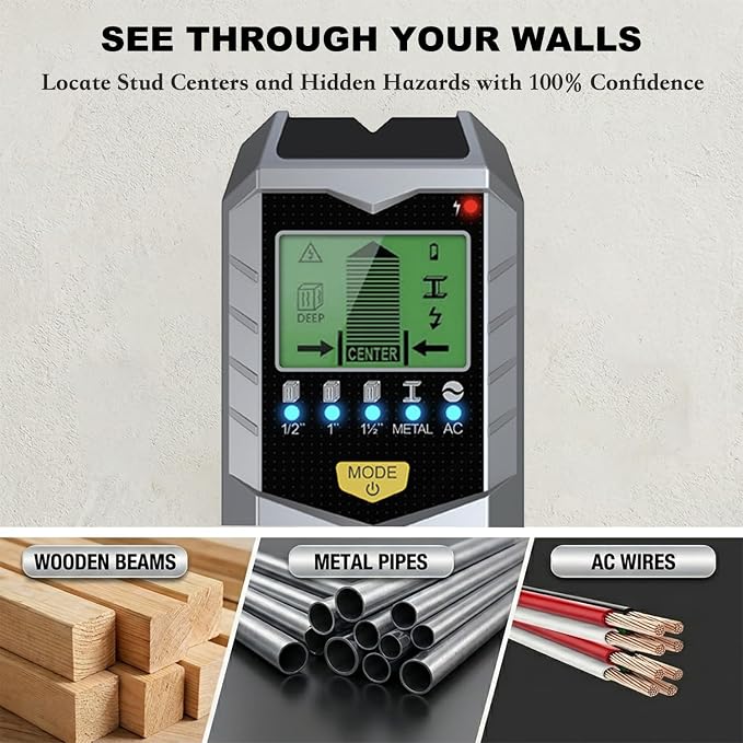 Stud Finder Wall Scanner - 5 in 1 Electronic Stud Sensor with Intelligent Micro-Sensor Chip, Wood Metal AC Wire Detector for Drywall & Plaster, Center Finding for TV Mount & Shelving