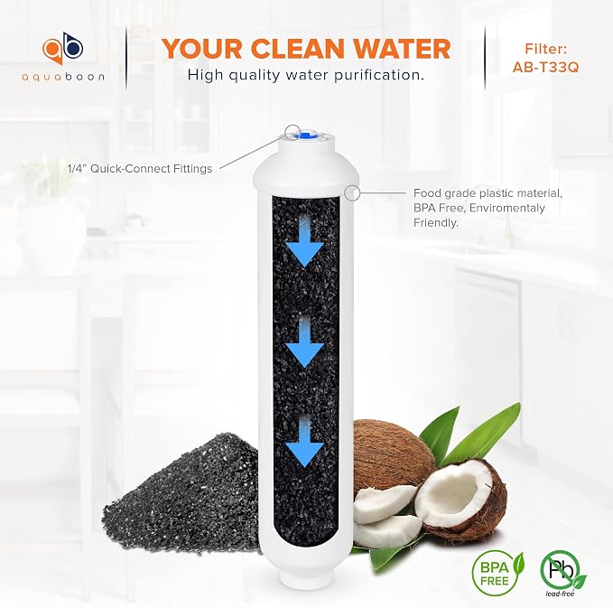 Aquaboon T33 Inline Post Activated Carbon Water Filter for Refrigerator, Ice Maker w/Quick Connect for 1/4 Water Line Compatible with ICF-10, 25-Pack