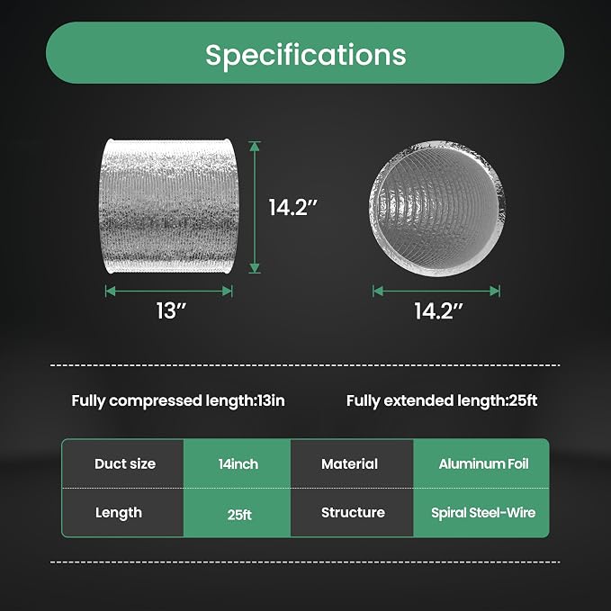 Flexible 14-Inch Aluminum Ducting, Dryer Vent Hose, Heavy-Duty Three-Layer Protection, 25-Feet Long for Heating Cooling Ventilation & Exhaust, Silver
